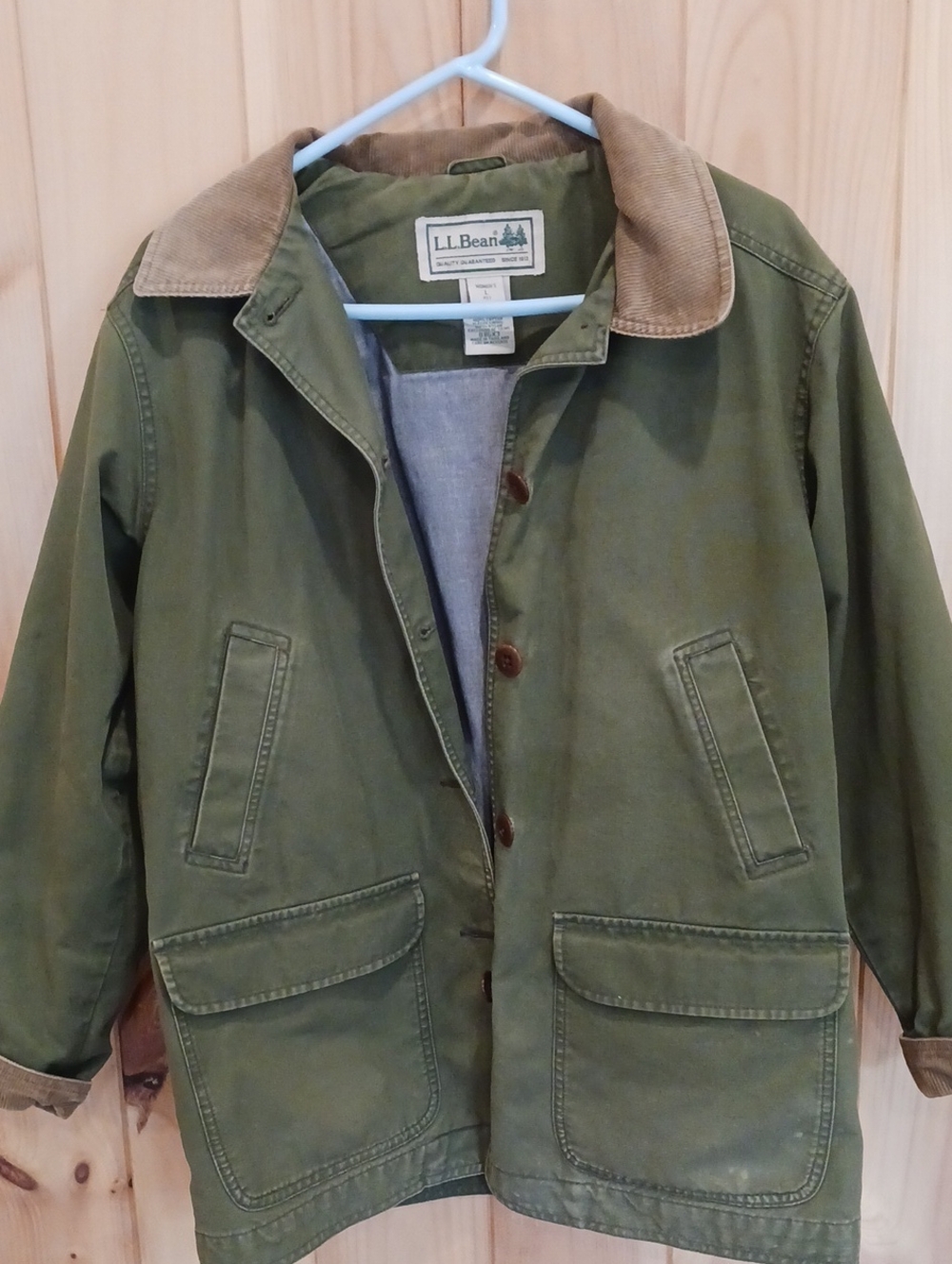 Vintage L.L. Bean Womens Olive Green Barn Coat with Corduroy Collar L. Petite